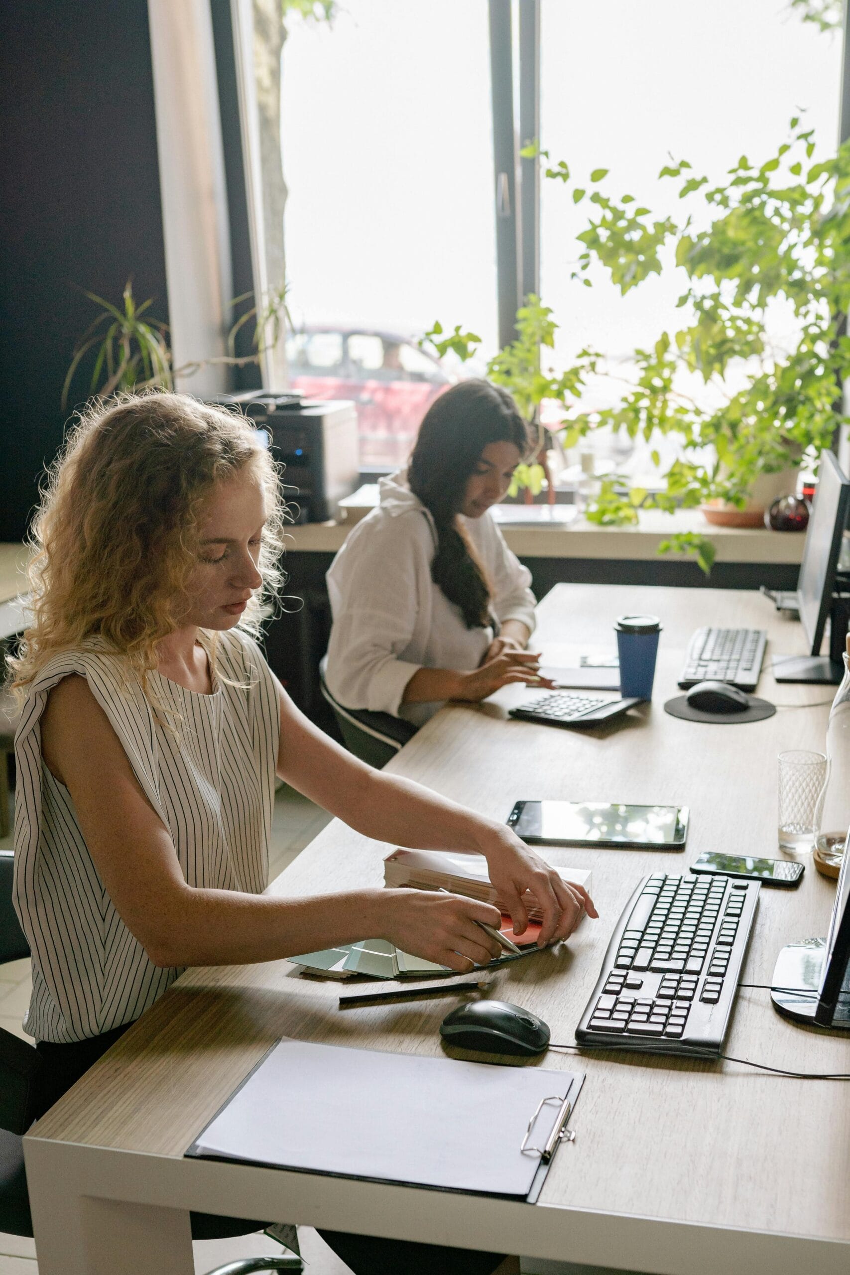 Home office com iluminação natural e plantas para mais foco