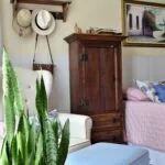 Espada-de-São-Jorge em quarto voltado para o sul, em vaso alto ao lado da cama com luz natural indireta