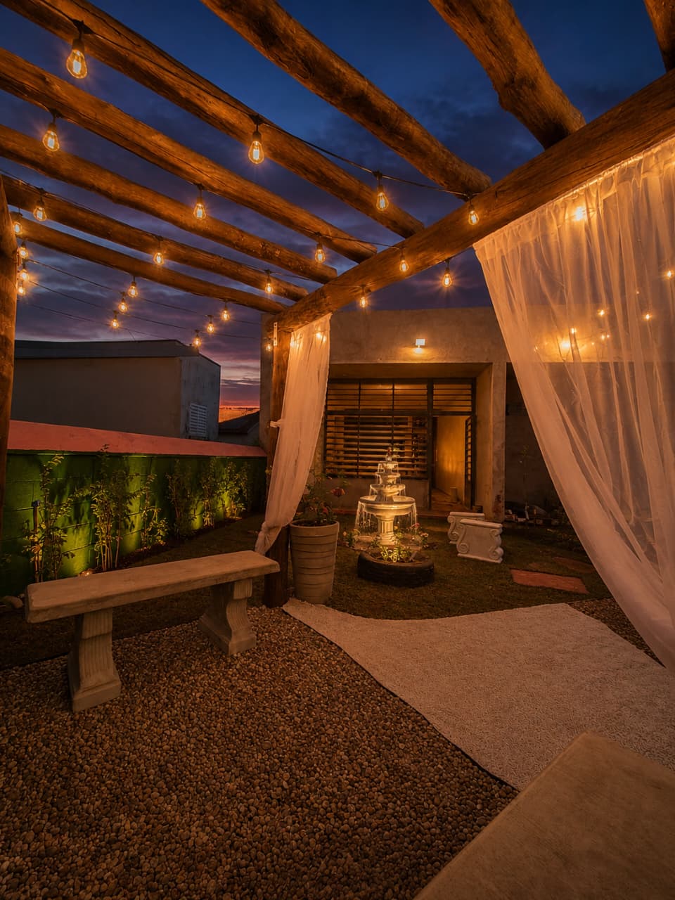 Jardim sensorial a noite, com bancos, fonte de água, varal de luzes para estimular os sentidos