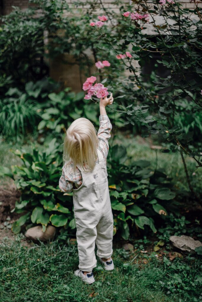 Menina colhendo rosas no jardim sensorial 