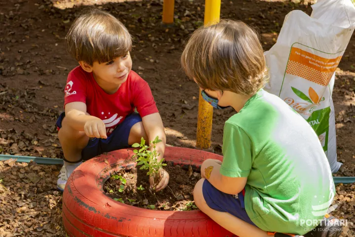 Crianças plantando em jardim sensorial com plantas não tóxicas e seguras
