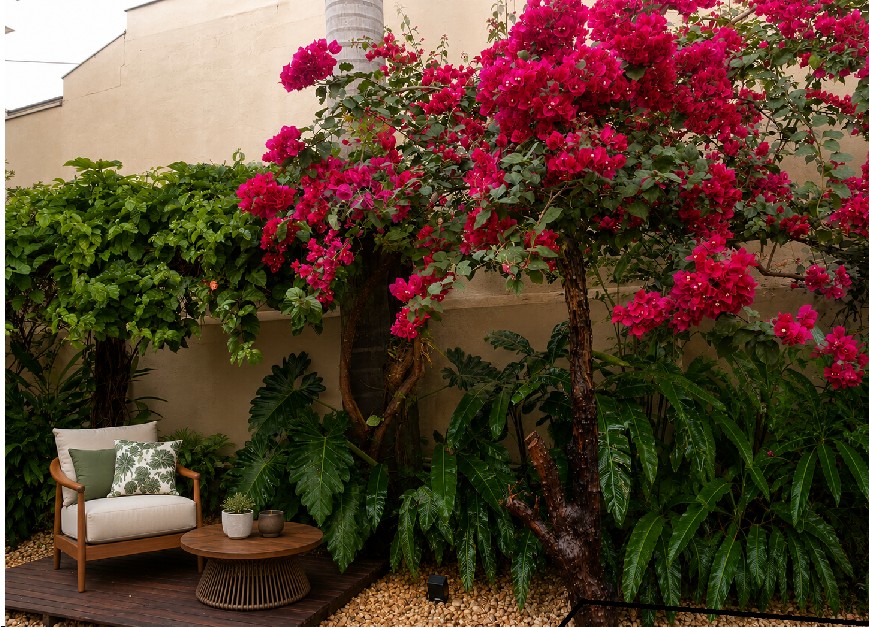 Cantinho de jardim com primavera florida, poltrona e mesa lateral