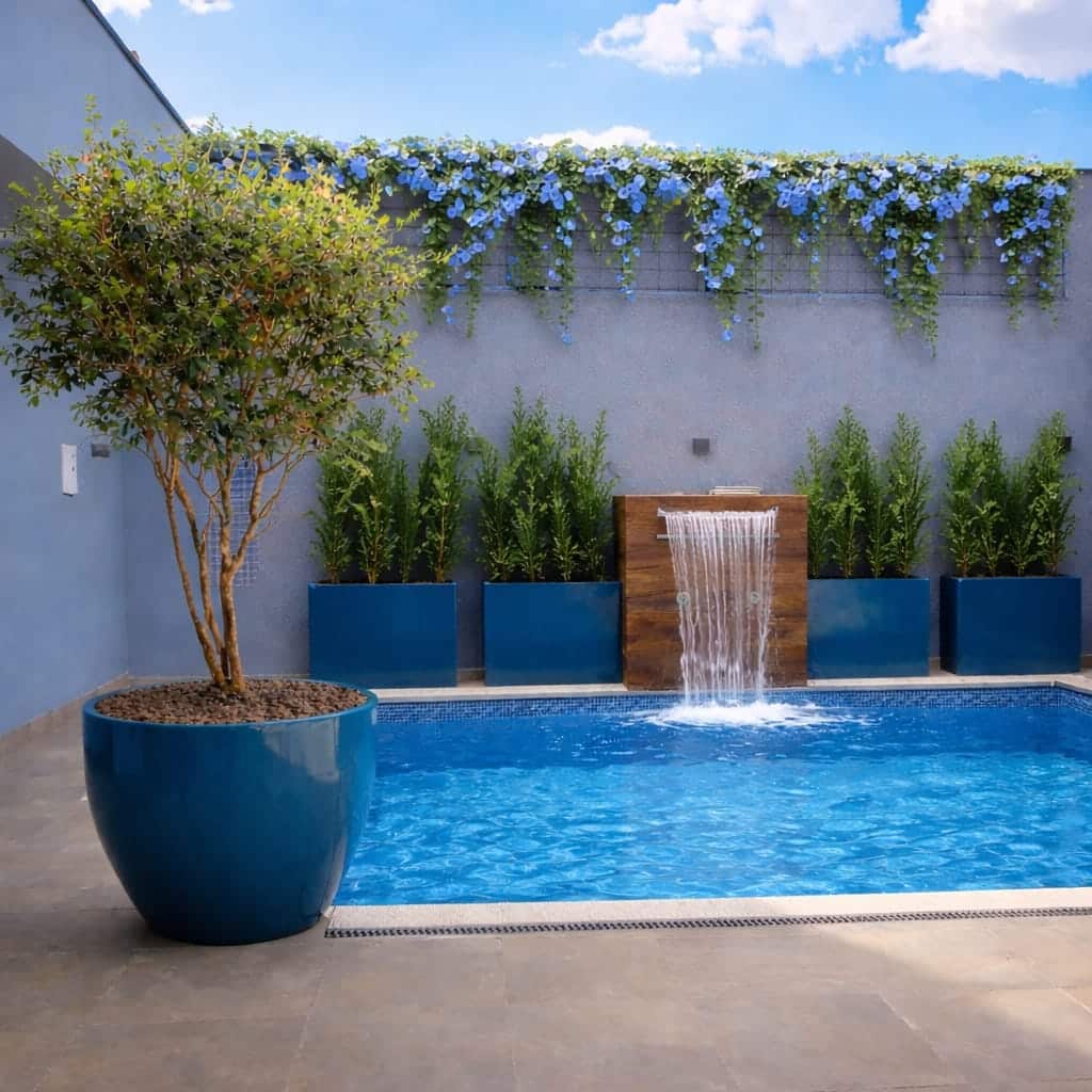 Piscina e jardim depois de uma consultoria de paisagismo, com vasos, cascata e jardim vertical florido