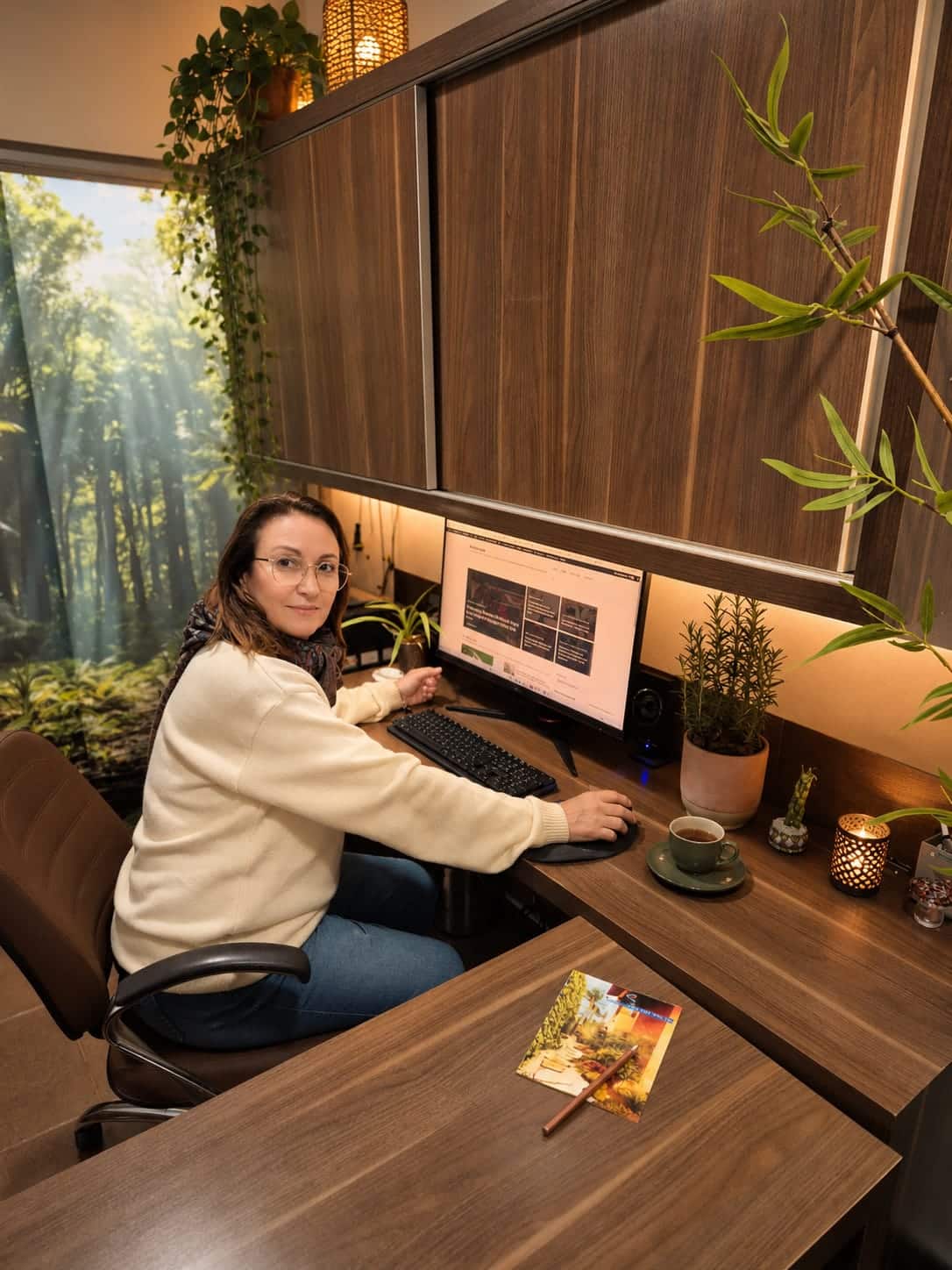 Silvia Dalto, arquiteta paisagista, atendendo uma consultoria online em seu escritório biofílico
