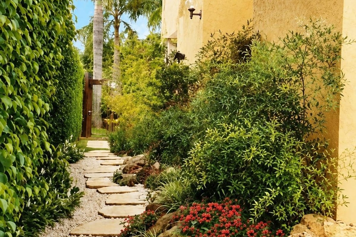 corredor com plantas em caminho de pedras e canteiro florido ao lado da casa