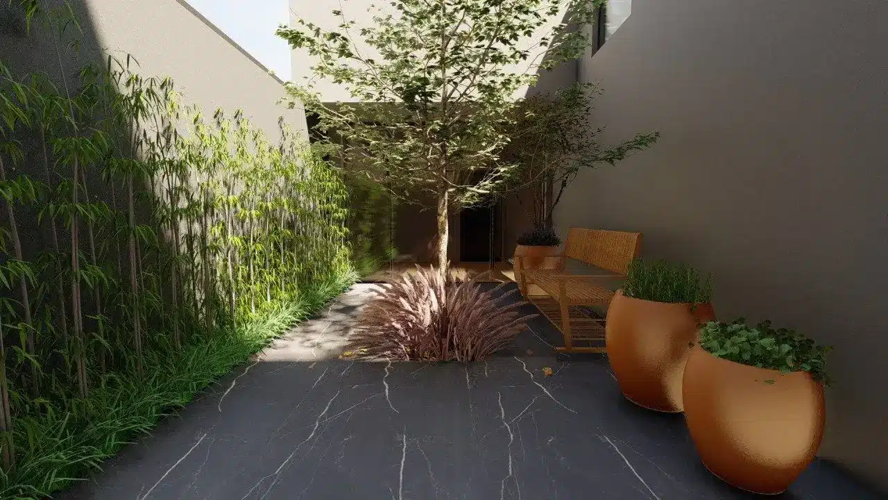 Projeto de paisagismo da Silvia Dalto para clínica de psicologia, com Bambu, Capim-do-Texas, árvore e banco de madeira