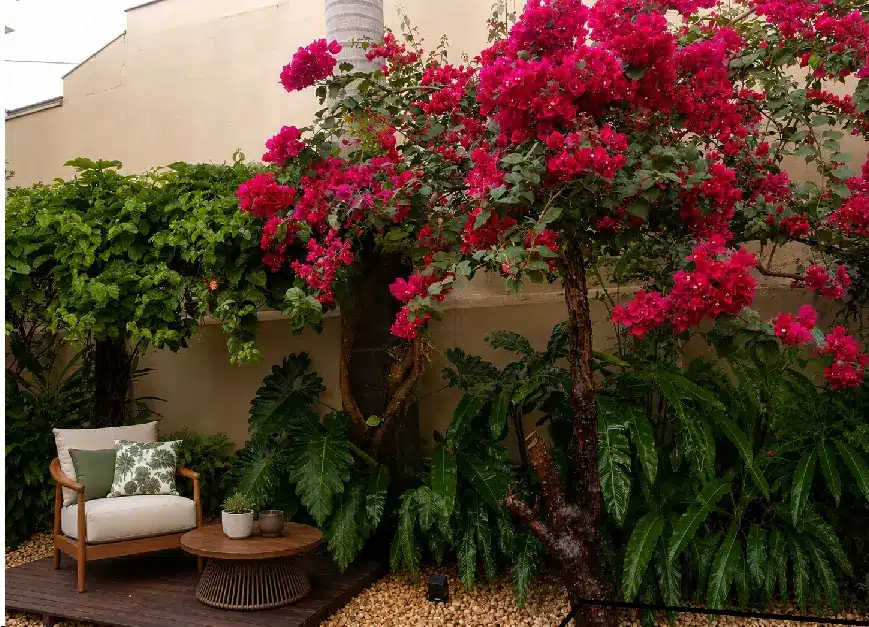 Cantinho de jardim com Primavera florida e poltrona