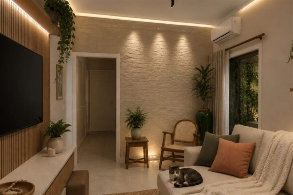 Plantas perfeitas para decorar e purificar o ar: sala com Jiboia pendente, Samambaias e Palmeira em vaso verde