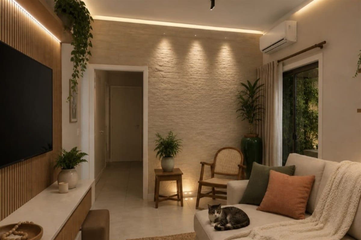 Plantas perfeitas para decorar e purificar o ar: sala com Jiboia pendente, Samambaias e Palmeira em vaso verde